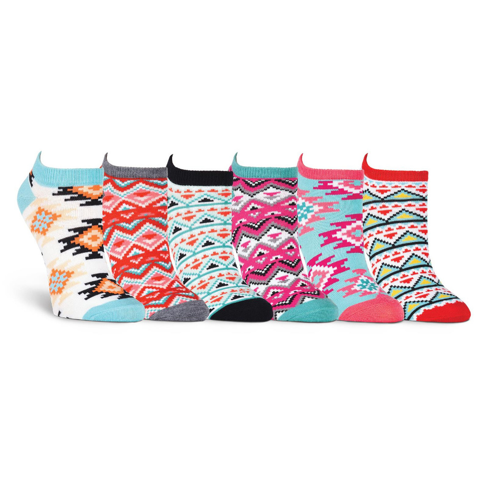 Aztec Print No Show Socks (6 Pack Assorted Colors)